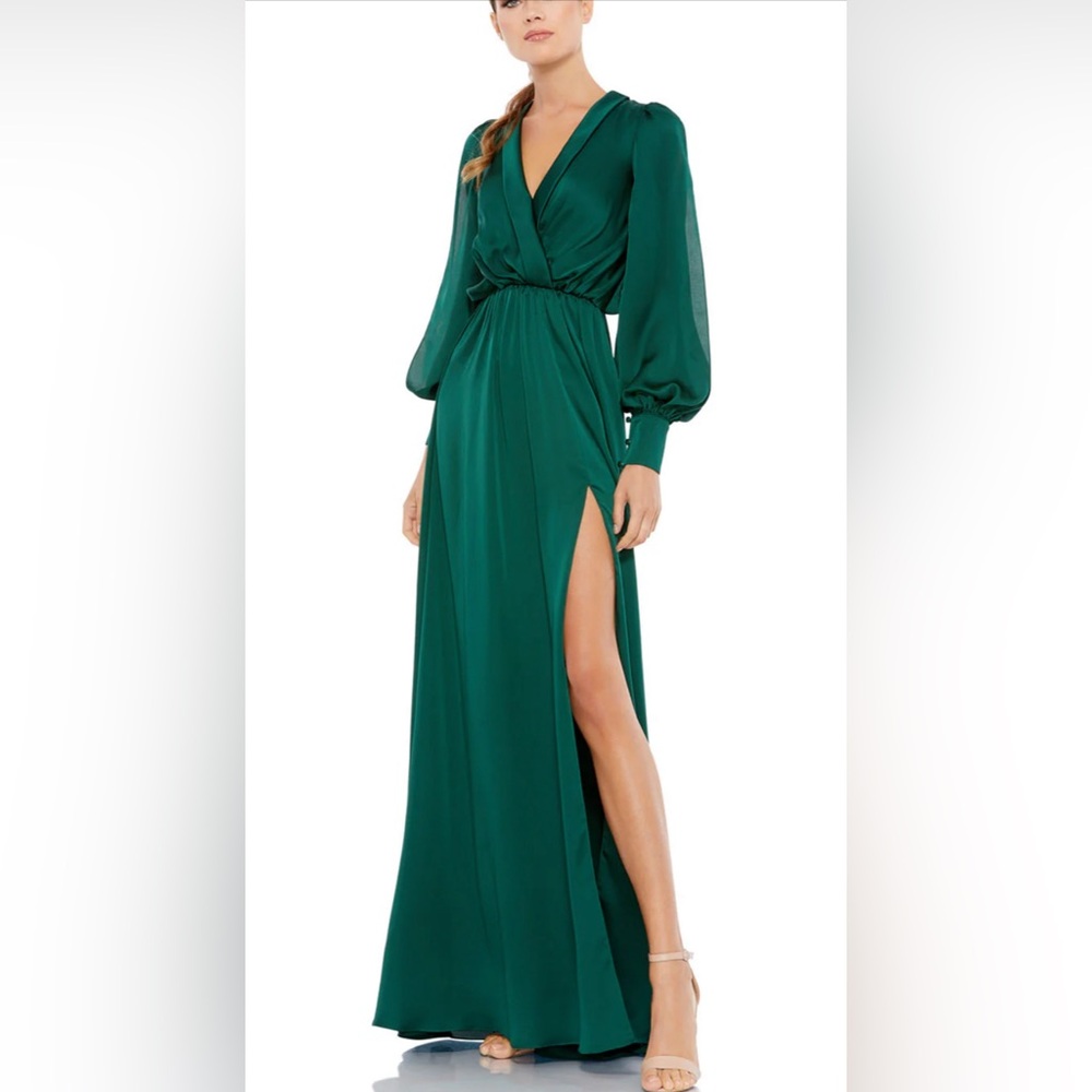 Mac Duggal $398 Emerald Sz 8 Bishop Sleeve Wrap Satin Gown Wedding